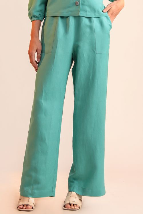 Calça Feminina Linho Misto Elastico Cintura Verde