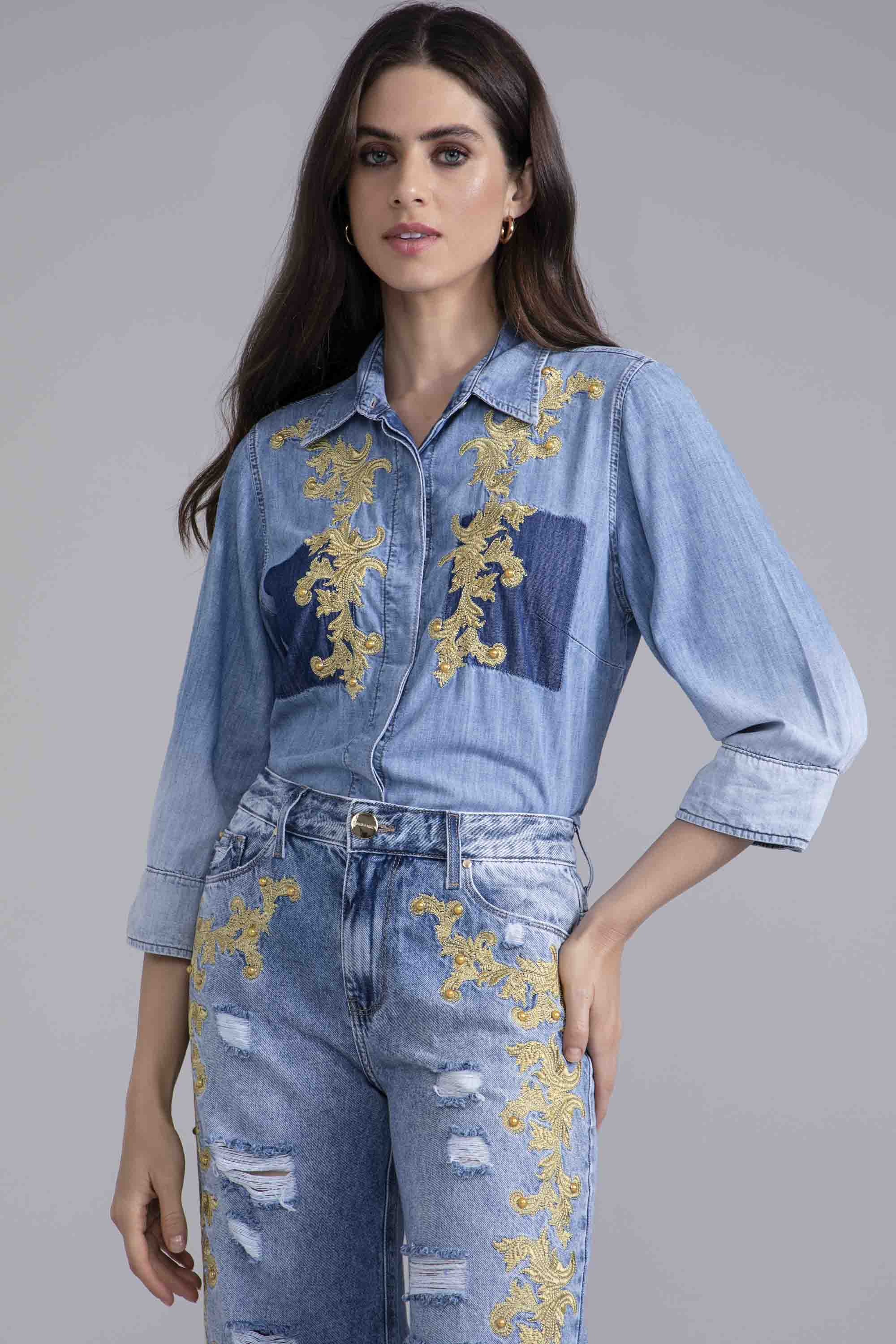 Camisa manga 3/4 tons de jeans, blusa feminina, moda social, moda  evangelica - R$ 65.99, cor Cinza #96261, compre agora