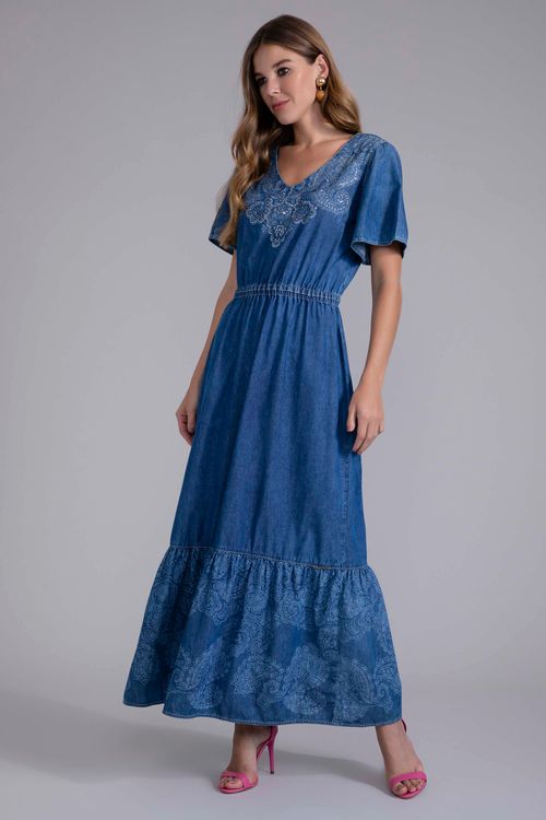 Vestido Jeans Longo Com Laser