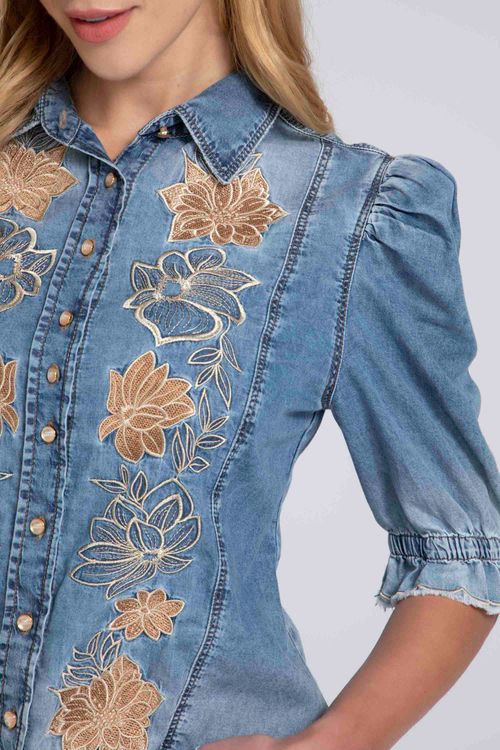 Camisa Feminina Jeans Bordada