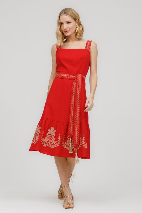 Vestido Midi Linho Bordado E Faixa