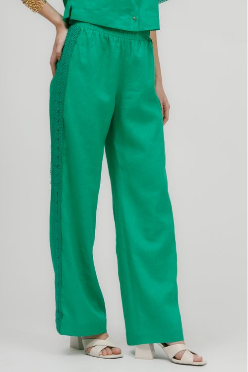 Calça Wide Leg Linho Com Rendas