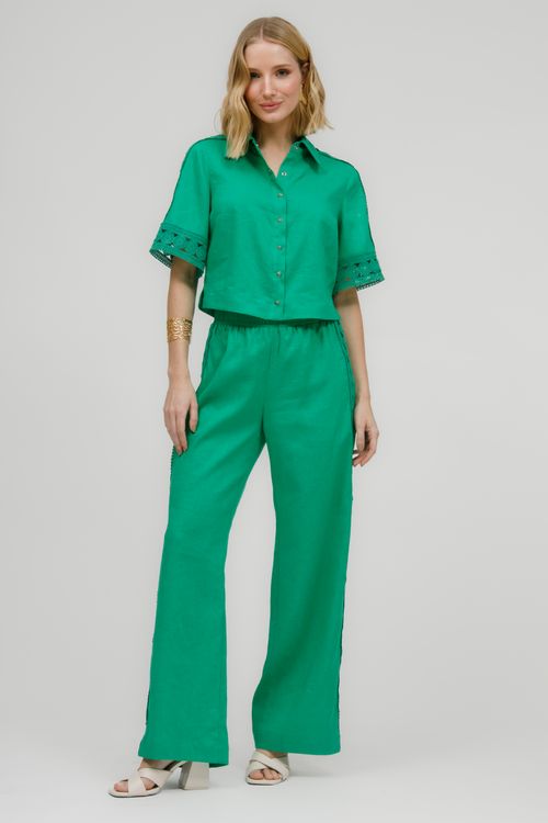 Calça Wide Leg Linho Com Rendas