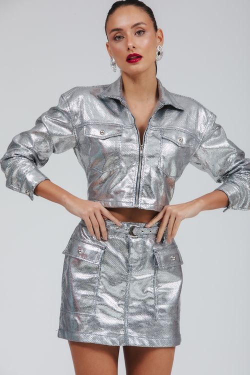 Jaqueta Feminina Sarja Cropped Prata