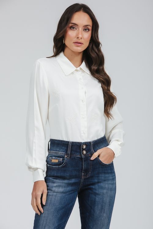Camisa Crepe Bordado Mini Flores