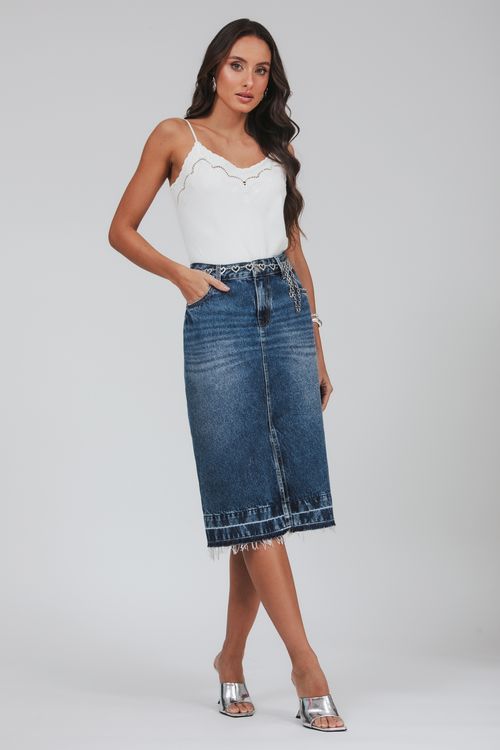 Saia Jeans Midi Com Cinto