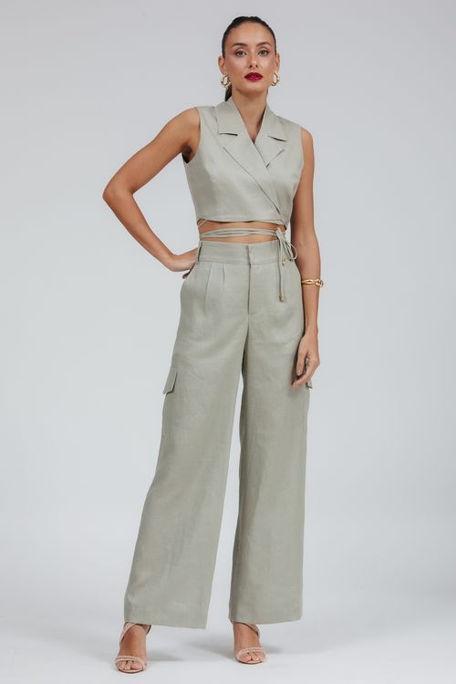 Blusa Cropped Linho Gola Blazer Bella Falconi