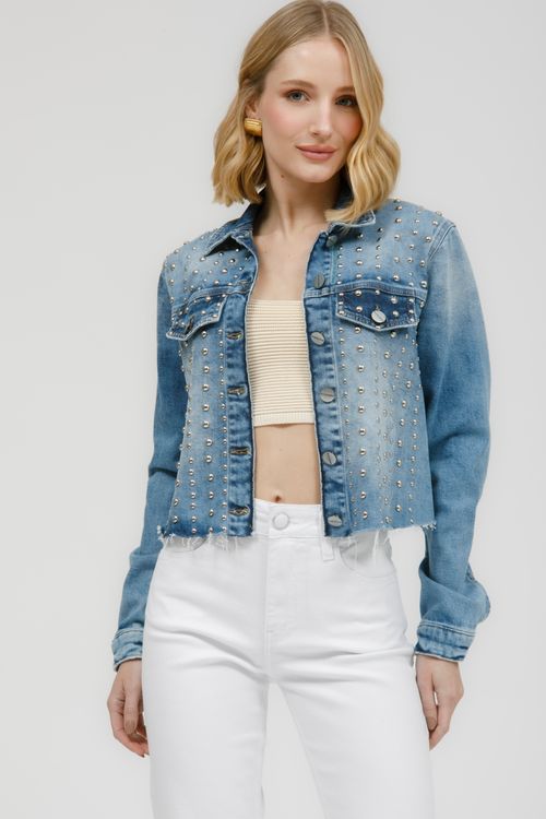 Jaqueta Feminina Jeans Cropped Tachas