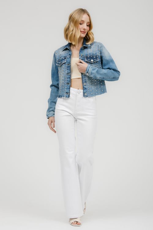Jaqueta Feminina Jeans Cropped Tachas