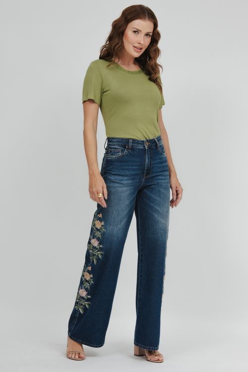 Calça Feminina Jeans Wide Leg Bordada