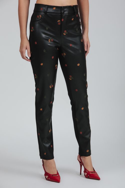 Calça Feminina Malha Couro Fake Bordado