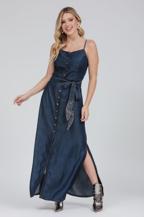 Vestido Jeans Longo Com Faixa E Transfer