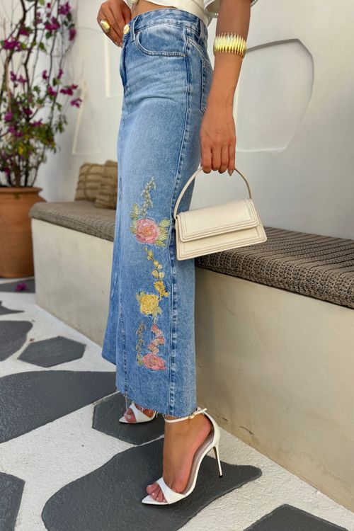 Saia Jeans Longa Evase Bordada