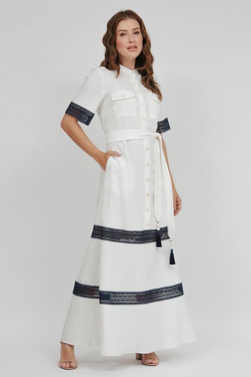 Vestido Bicolor Longo Linho Com Rendas