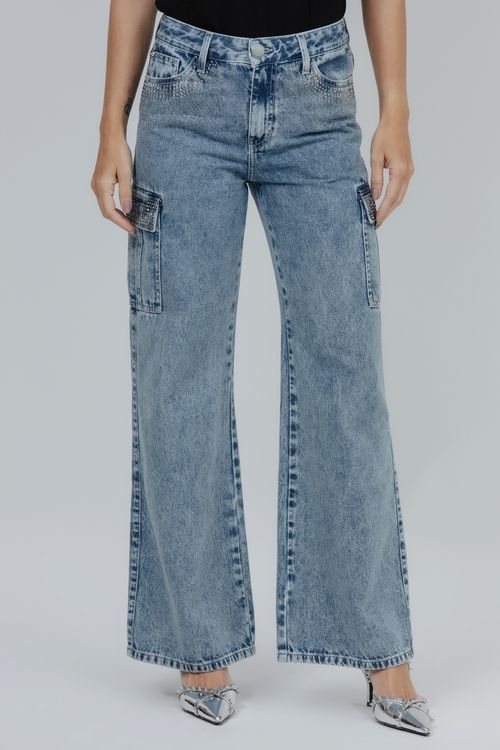 Calça Feminina Jeans Wide Leg Cargo