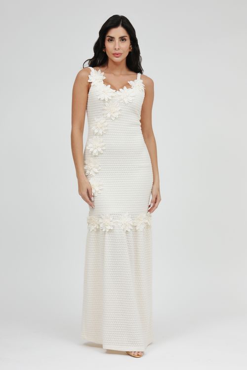 Vestido Longo Malha Tricot Flores