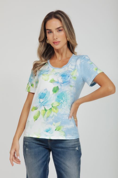 T-shirt Malha Estampa Floral Azul
