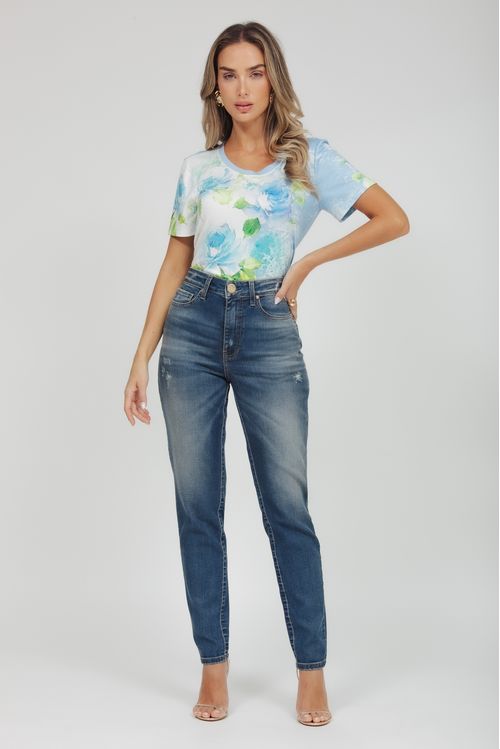 T-shirt Malha Estampa Floral Azul