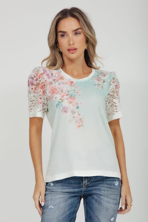 T-shirt Crepe Malha E Renda Floral