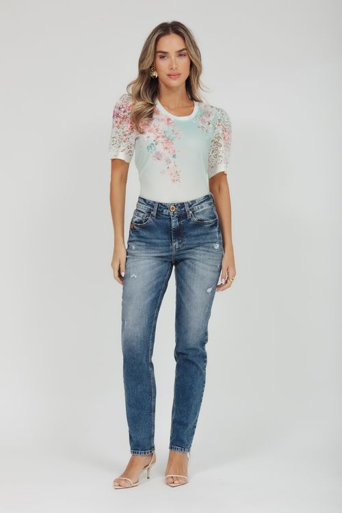 T-shirt Crepe Malha E Renda Floral