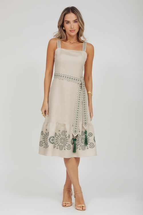 Vestido Midi Linho Alça Com Bordado
