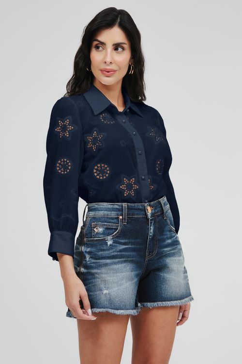 Camisa Feminina Voil Bordado Manga 3/4