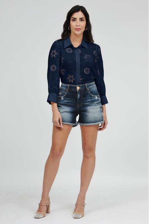 Camisa Feminina Voil Bordado Manga 3/4