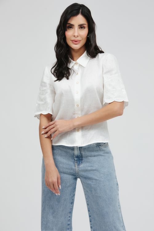 Camisa Cropped Linho Manga Curta Bordada