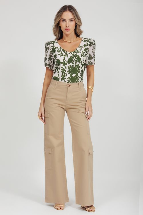 Calça Feminina Sarja Wide Leg Cargo