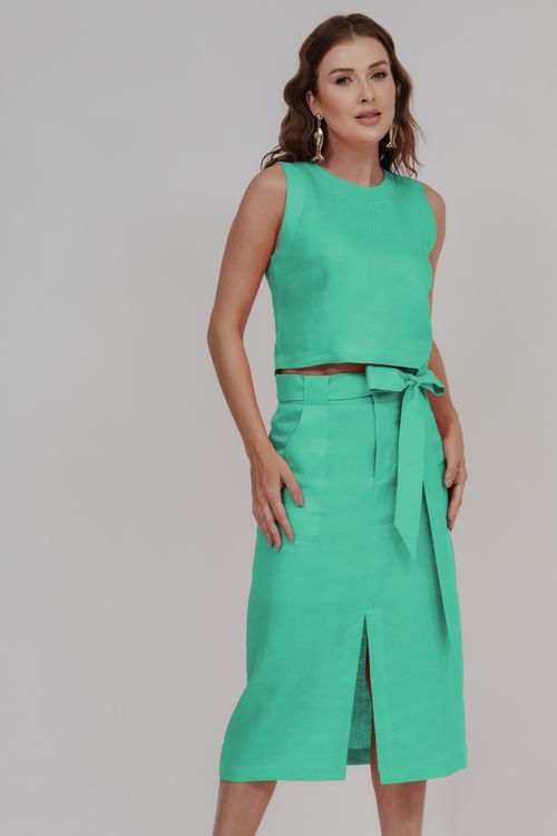 Saia Midi Viscolinho Com Bolsos