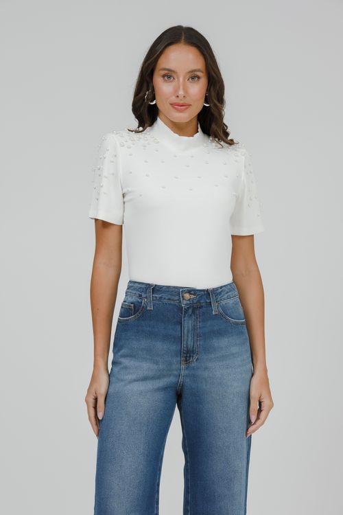 Blusa Malha Canelada Com Pérolas