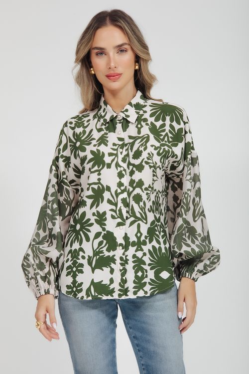 Camisa Viscose Estampada Manga Bufante