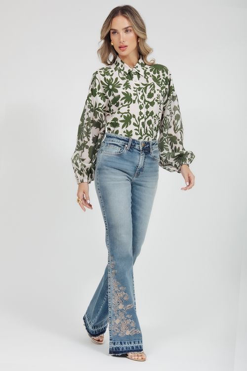 Camisa Viscose Estampada Manga Bufante
