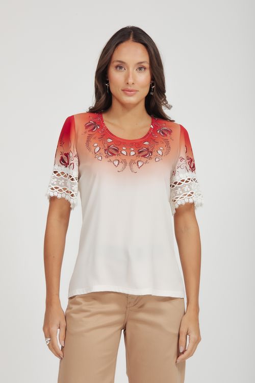 T-shirt Estampa Floral Manga Com Renda