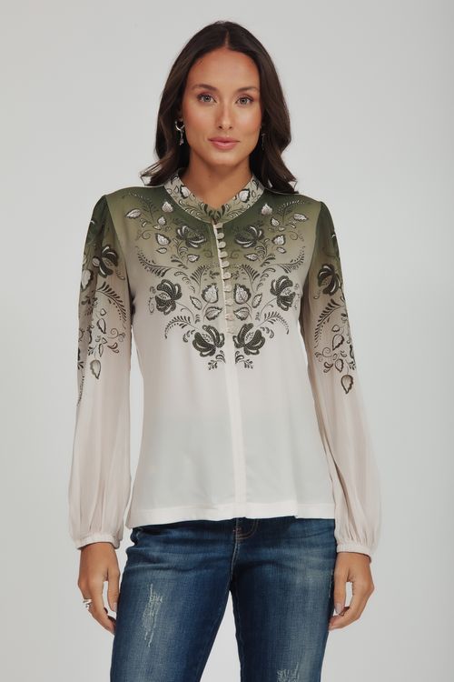 T-shirt Manga Longa Floral Com Botões