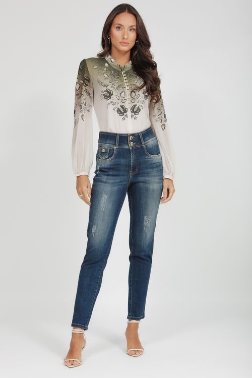 T-shirt Manga Longa Floral Com Botões