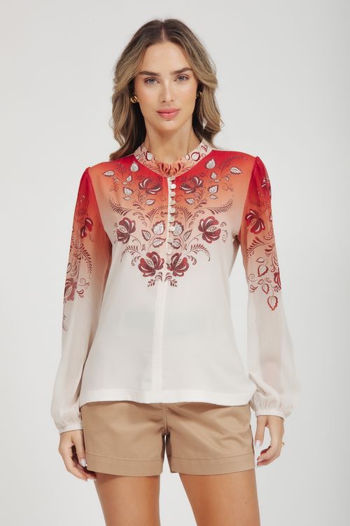 T-shirt Manga Longa Floral Com Botões