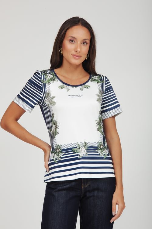 T-shirt Malha Listras Com Floral