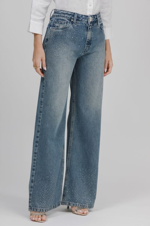 Calça Feminina Jeans Wide Leg Com Transfer