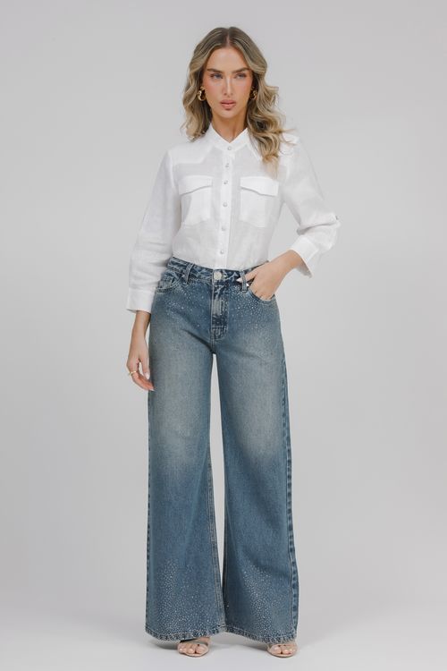 Calça Feminina Jeans Wide Leg Com Transfer