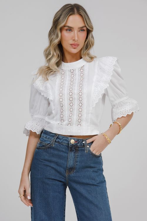 Blusa Cropped Tricoline Bordado Inglês