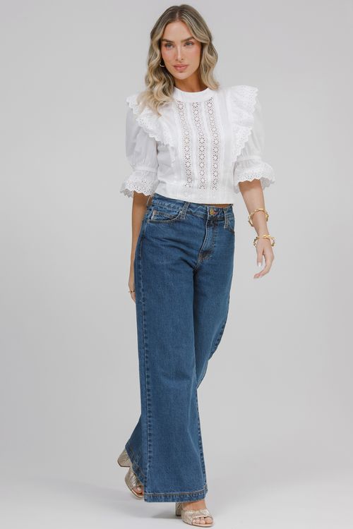 Blusa Cropped Tricoline Bordado Inglês