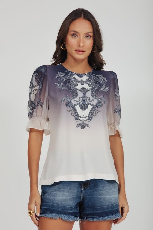 T-shirt Crepe E Malha Estampa Arabescos