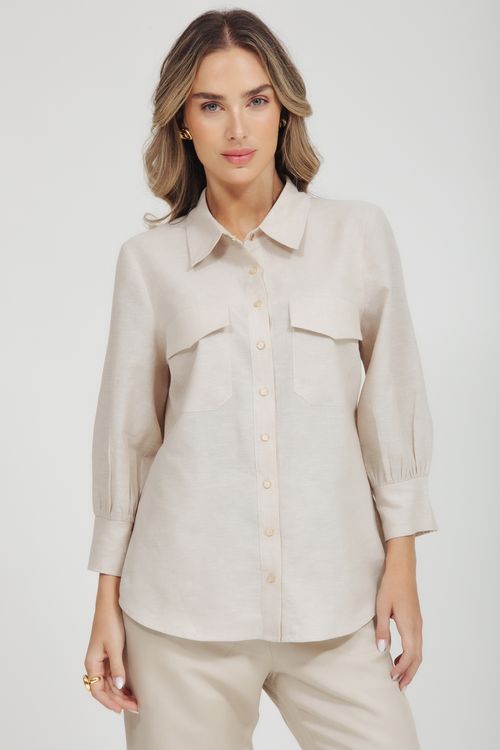 Camisa Feminina Chambray Com Bolsos