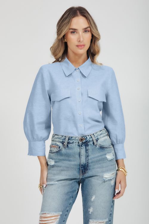 Camisa Feminina Chambray Com Bolsos