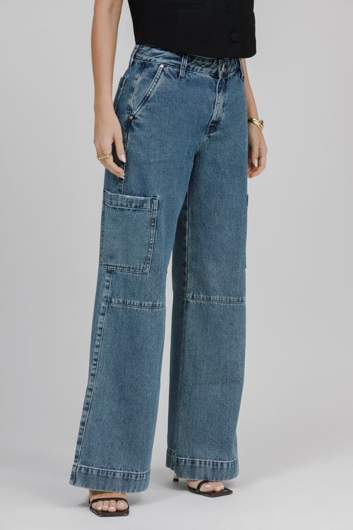 Calça Feminina Jeans Wide Leg Cargo