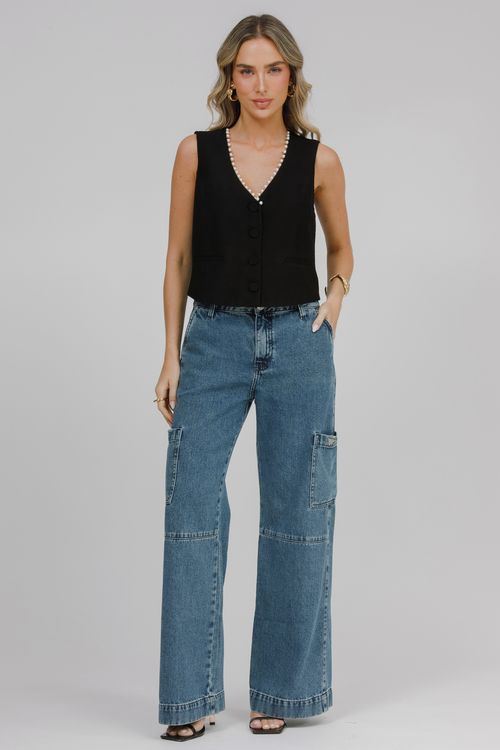 Calça Feminina Jeans Wide Leg Cargo