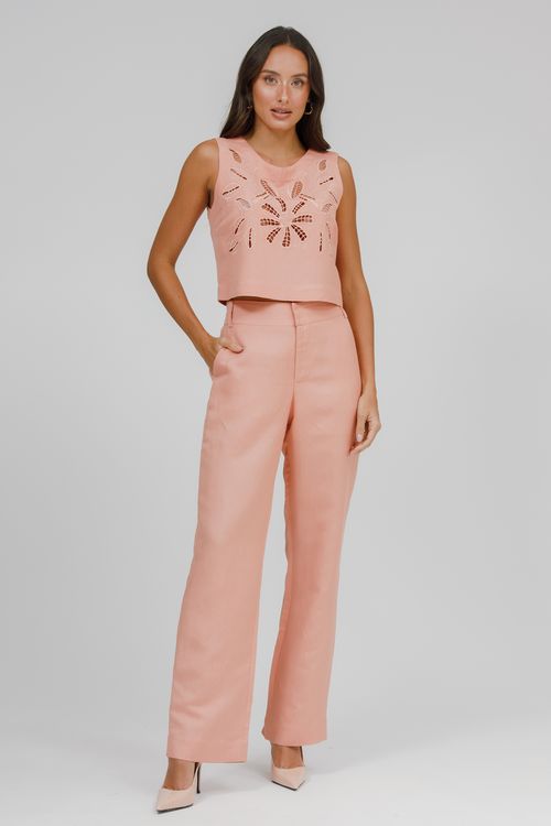 Regata Cropped Linho Bordado Richelieu
