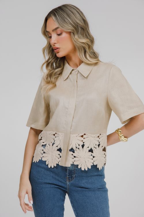 Camisa Cropped Puro Linho Com Guipure