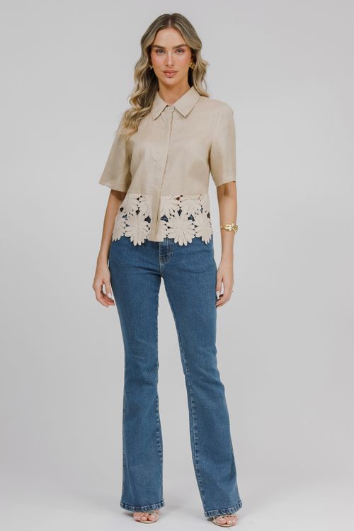 Camisa Cropped Puro Linho Com Guipure